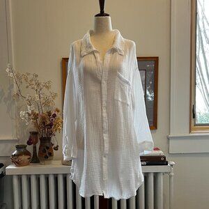 Kona Sol White Gauze Button-Down Tunic Shirt | Swim Cover-Up | Size L